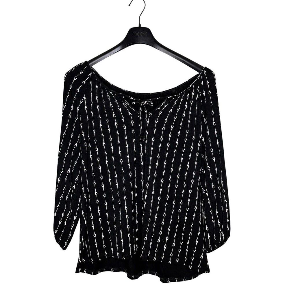 Garnet Hill Blouse Size XL Black White Boho Peasant Printed Flowy Tie Neck